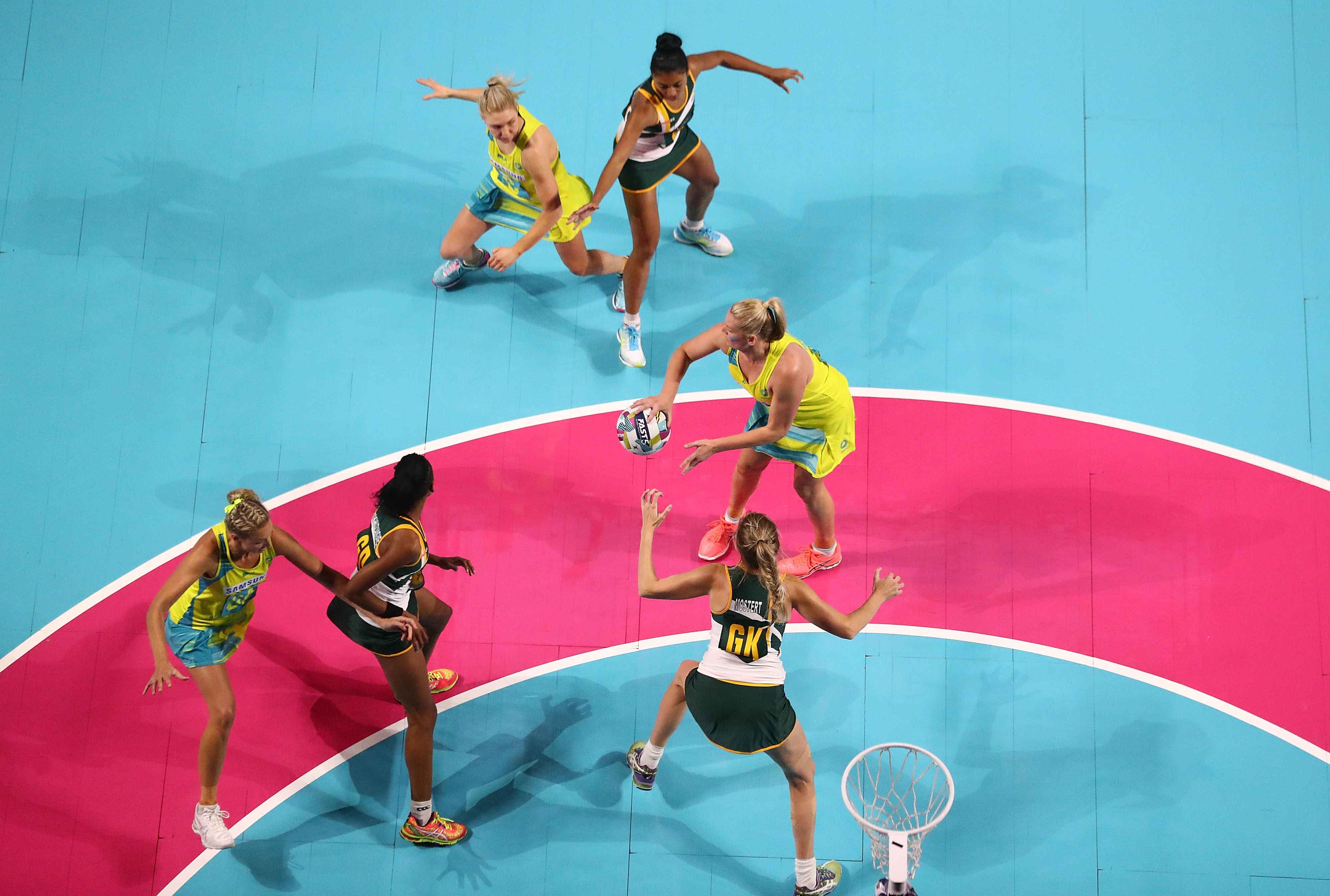 MELBOURNE, AUSTRALIA - OCTOBER 30: Caitlin Thwaites competes for the ball during the Fast5 Netball Series match between Australia and South Africa at Hisense Arena on October 30, 2016 in Melbourne, Australia. (Photo by Scott Barbour/Getty Images)