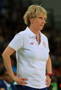 RIO DE JANEIRO, BRAZIL - AUGUST 20: Head coach Marina Maljkovic of Serbia looks on during the Women's Bronze Medal basketball game between France and Serbia on Day 15 of the Rio 2016 Olympic Games at Carioca Arena 1 on August 20, 2016 in Rio de Janeiro, Brazil. (Photo by Mike Ehrmann/Getty Images)