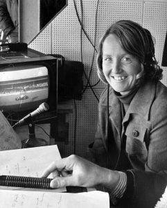 12th April 1973: The cricketer Rachael Heyhoe-Flint at work in the commentary box at Wembley Stadium, London. She is television's first woman sports commentator and also captain of the England Women's team. (Photo by Keystone Features/Getty Images)