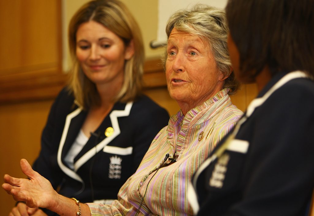 OXFORD, ENGLAND - JULY 22: Rachael Heyhoe-Flint pictured during a 'Womens Cricket-development and expansion' talk during the ICC Centenary History Conference at St Antonys College on July 22, 2009 in Oxford, England. (Photo by Matthew Lewis/Getty Images for The ICC)