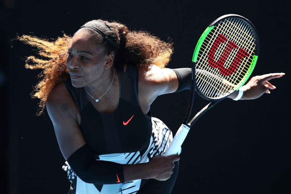 MELBOURNE, AUSTRALIA - JANUARY 21: Serena Williams of the United States serves in her third round match against Nicole Gibbs of the Unites States on day six of the 2017 Australian Open at Melbourne Park on January 21, 2017 in Melbourne, Australia. (Photo by Cameron Spencer/Getty Images)