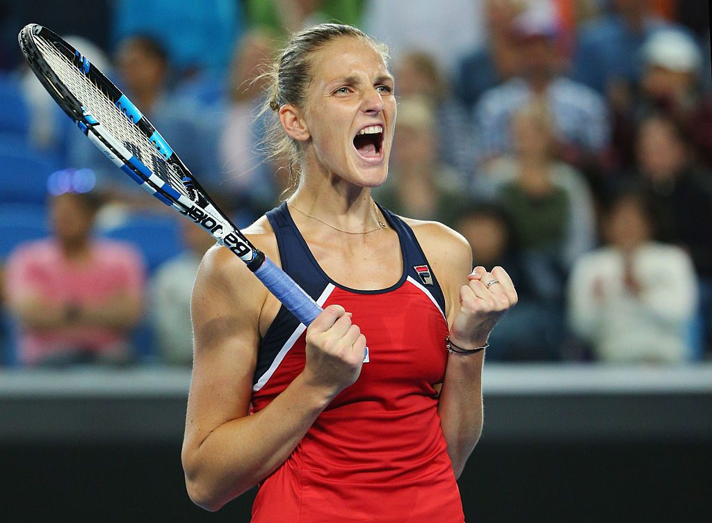 MELBOURNE, AUSTRALIA - JANUARY 21: Karoline Plistova of the Czech Republic celebrates winning match point in her third round match against Jelena Ostapenko of Latvia on day six of the 2017 Australian Open at Melbourne Park on January 21, 2017 in Melbourne, Australia. (Photo by Michael Dodge/Getty Images)