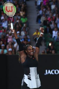 MELBOURNE, AUSTRALIA - JANUARY 26: Serena Williams of the United States celebrates winning her semifinal match against Mirjana Lucic-Baroni of Croatia on day 11 of the 2017 Australian Open at Melbourne Park on January 26, 2017 in Melbourne, Australia. (Photo by Clive Brunskill/Getty Images)