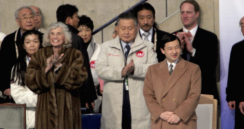 NAGANO, JAPAN - FEBRUARY 26: Crown Prince Naruhito(R) and Eunice Kennedy Shriver, founder of Special Olympics(L) attend the opening celemony of the Special Olympics on February 26, 2005 in Nagano, Japan. Japanese Crown Prince Naruhito is in Nagano on a two day visit to attend the Special Olympics that opens on February 26 and ends on March 5.. Originally his wife Crown Princess Masako was planning to attend this, but due to her sickness, trip out side Tokyo on her duty was cancelled. (Photo by Junko Kimura/Getty Images)