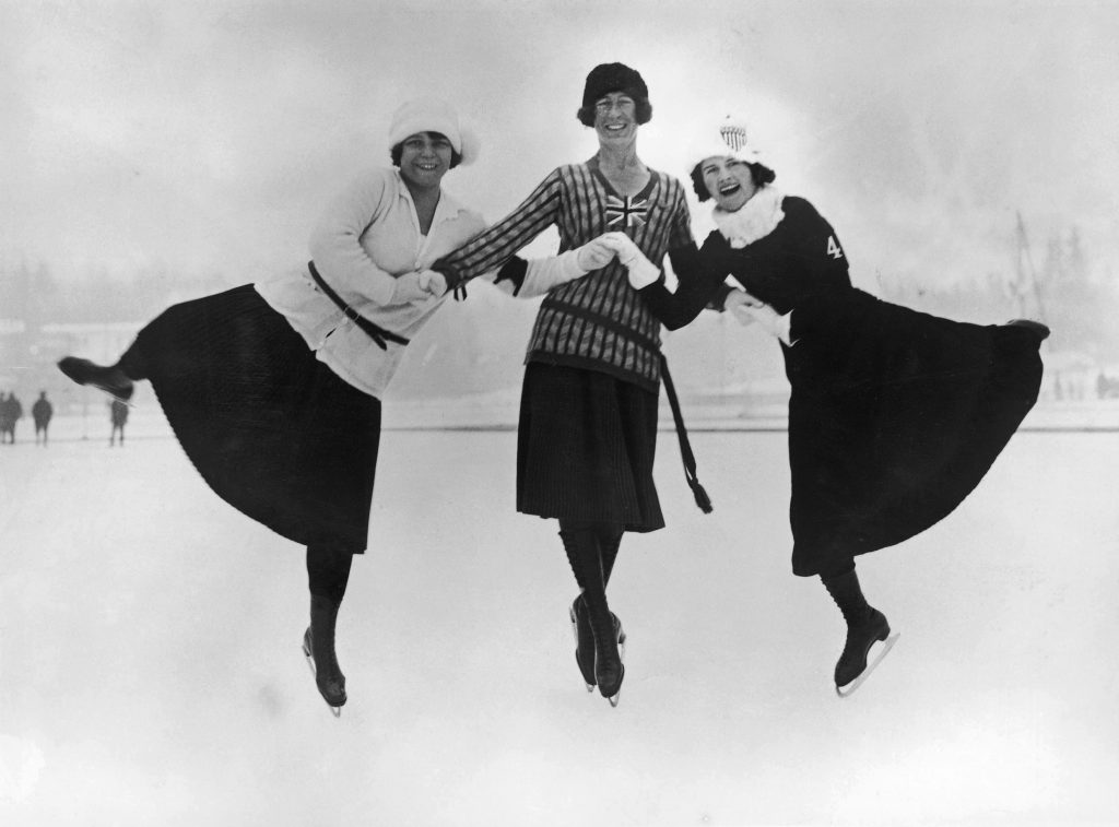 Figure skaters at the 1924 winter Olympics in Chamonix, France, 30th January 1924. Left to right: Herma Planck-Szabo of Hungary, Ethel Muckelt of Britain and Beatrix Loughran of the U.S.A. Planck-Szabo won gold, with Loughran and Muckelt taking silver and bronze respectively. (Photo by Topical Press Agency/Hulton Archive/Getty Images)