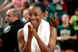 SEATTLE, WA - MAY 14: Jewell Loyd #24 of the Seattle Storm looks on during the game against the Indiana Fever on May 14, 2017 at Key Arena in Seattle, Washington. NOTE TO USER: User expressly acknowledges and agrees that, by downloading and/or using this Photograph, user is consenting to the terms and conditions of Getty Images License Agreement. Mandatory Copyright Notice: Copyright 2017 NBAE (Photo by Joshua Huston/NBAE via Getty Images)