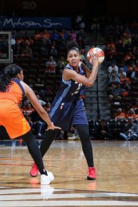 UNCASVILLE, CT - MAY 13: Damiris Dantas #12 of the Atlanta Dream handles the ball against the Connecticut Sun on May 13, 2017 at Mohegan Sun Arena in Uncasville, Connecticut. NOTE TO USER: User expressly acknowledges and agrees that, by downloading and or using this photograph, User is consenting to the terms and conditions of the Getty Images License Agreement. Mandatory Copyright Notice: Copyright 2017 NBAE (Photo by Chris Marion/NBAE via Getty Images)