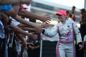 FORT WORTH, TX - JUNE 06: Pippa Mann of England, driver of the #18 Dale Coyne Racing Honda, during driver introductions during the Verizon IndyCar Series Firestone 600 at Texas Motor Speedway on June 6, 2015 in Fort Worth, Texas. (Photo by Sarah Crabill/Getty Images for Texas Motor Speedway)