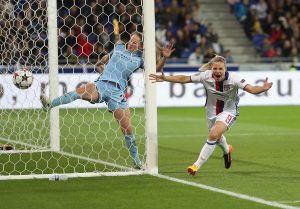 LYON, FRANCE - APRIL 29: Eugenie Le Sommer of Olympique Lyon celebrates her disallowed goal during the UEFA Women's Champions League Semi Final second leg match between Olympique Lyon and Manchester City at the Stade de Lyon on April 29, 2017 in Lyon, France. (Photo by Christopher Lee/Getty Images)