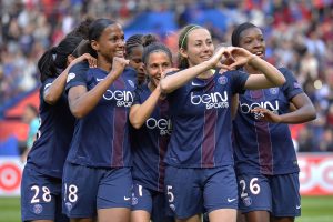 PARIS, FRANCE - APRIL 29: Sabrina Delannoy of Paris Saint-Germain reacts after scoring during the Women's Champions League match between Paris Saint Germain and Barcelona at Parc des Princes on April 29, 2017 in Paris, France. (Photo by Aurelien Meunier/Getty Images )
