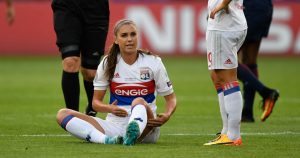 CARDIFF, WALES - JUNE 01: Lyon forward Alex Morgan reacts after an injury forces her to leave the field during the UEFA Women's Champions League Final between Lyon and Paris Saint Germain at Cardiff City Stadium on June 1, 2017 in Cardiff, Wales. (Photo by Stu Forster/Getty Images)