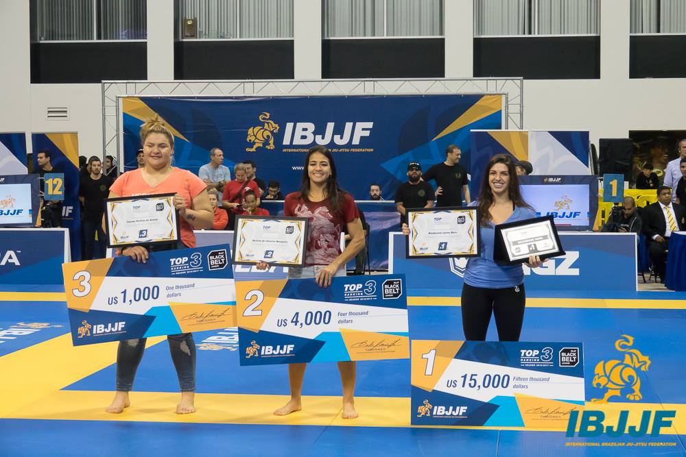 As três melhores do ranking recebem premiação em dinheiro. 3º Lugar: Tayane Porfírio; 2º Lugar: Bia Mesquita; 1º Lugar: Mackenzie Dern. (Foto: IBJJF)