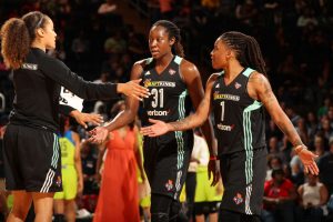 NEW YORK, NY - JUNE 2: Tina Charles #31 and Shavonte Zellous #1 of the New York Liberty celebrate during a game against the Dallas Wings on June 2, 2017 at Madison Square Garden in New York, New York. NOTE TO USER: User expressly acknowledges and agrees that, by downloading and/or using this photograph, user is consenting to the terms and conditions of the Getty Images License Agreement. Mandatory Copyright Notice: Copyright 2017 NBAE (Photo by Ned Dishman/NBAE via Getty Images)