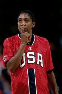 SYDNEY, AUSTRALIA - AUGUST 26: Theresa Edwards of the United States Woman's National team stands on the court to playing the Canadian Woman's National Team during the 2000 Summer Olympics on August 26, 2000 in Sydney, Australia. NOTE TO USER: User expressly acknowledges that, by downloading and or using this photograph, User is consenting to the terms and conditions of the Getty Images License agreement. Mandatory Copyright Notice: Copyright 2000 NBAE (Photo by Brad Mangin/NBAE via Getty Images)