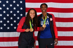 RIO DE JANEIRO, BRAZIL- AUGUST 20: Seimone Augustus and Sylvia Fowles of the Minnesota Lynx and the USA Womens National Team win the Gold Medal on Day 15 of the Rio 2016 Olympic Games at Carioca Arena 1 on August 20, 2016 in Rio de Janeiro, Brazil. NOTE TO USER: User expressly acknowledges and agrees that, by downloading and/or using this Photograph, user is consenting to the terms and conditions of the Getty Images License Agreement. Mandatory Copyright Notice: Copyright 2016 NBAE (Photo by Jesse D. Garrabrant/NBAE via Getty Images)