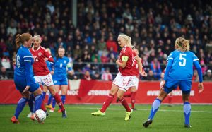 SLAGELSE, DENMARK - APRIL 11: Pernille Harder of Denmark scores the 1-0 goal during the international friendly match between Denmark women and Finland women at Slagelse Stadion on April 11, 2017 in Slagelse, Denmark. (Photo by Lars Ronbog / FrontZoneSport via Getty Images)