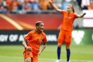 Norway's Shanice van de Sanden (L) celebrates after scoring a goal during the UEFA Women's Euro 2017 football tournament between Norway and The Netherlands at Galgenwaard Stadium in Utrecht on July 16, 2017. / AFP PHOTO / ANP / Vincent JANNINK / Netherlands OUT (Photo credit should read VINCENT JANNINK/AFP/Getty Images)