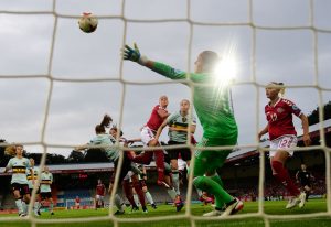 Denmark's midfielder Sanne Troelsgaard (C) scores during the UEFA Women's Euro 2017 football tournament between Denmark and Belgium at Stadium De Vijverberg in Doetinchem on July 16, 2017. / AFP PHOTO / TOBIAS SCHWARZ (Photo credit should read TOBIAS SCHWARZ/AFP/Getty Images)