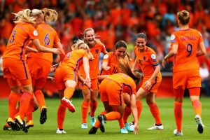 DOETINCHEM, NETHERLANDS - JULY 29: Danielle van de Donk of the Netherlands congratulates the opening goalscorer Lieke Martens of the Netherlands during the UEFA Women's Euro 2017 Quarter Final match between Netherlands and Sweden at Stadion De Vijverberg on July 29, 2017 in Doetinchem, Netherlands. (Photo by Dean Mouhtaropoulos/Getty Images)